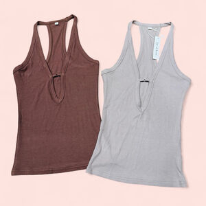 Jar of Love Ribbed Halter Tank Tops Lot of 2 Brown Taupe Plunge Stretch Y2K